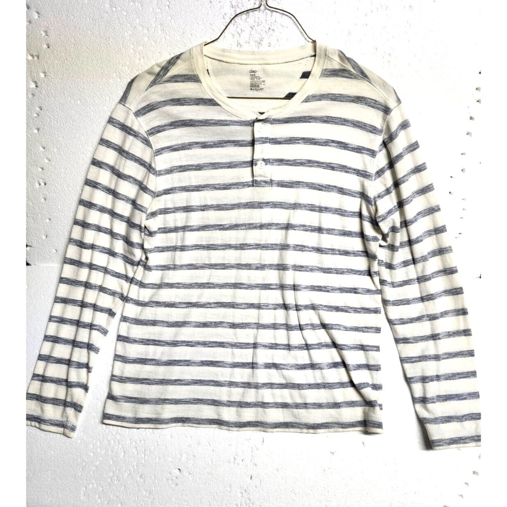 GAP Sweater Men Large Off White Blue Striped Round Neck Buttons Long Sleeve